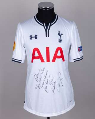 Younes Kaboul white and blue No.4 Tottenham Hotspur short-sleeved shirt, 2013-14