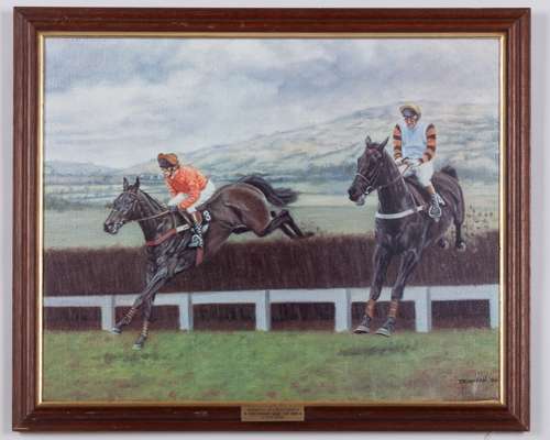 Peter Deighan painting of Brown Chamberlain & Burrough Hill Lad signed by the jockeys