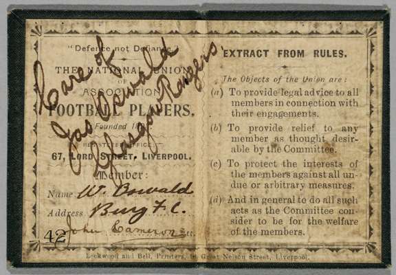 Football in 1898 the first attempt to form a Players Union took place small membership card no.42 for National Union of Association Football Players i
