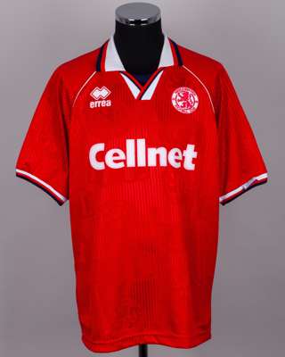 Nick Barmby red and white No.7 Middlesbrough short-sleeved shirt, 1995-96, Errea