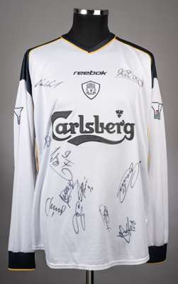Michael Owen white no.10 Liverpool away jersey season 2001-02,
 Player issue long sleeved Reebok example with FA Premier League badges on both sleeves