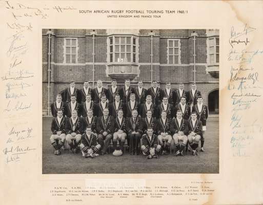 Signed South African rugby football team b&w photograph of the United Kingdom & France Tour, 1960-61,
 the 30 players with manager WF Bergh and assist