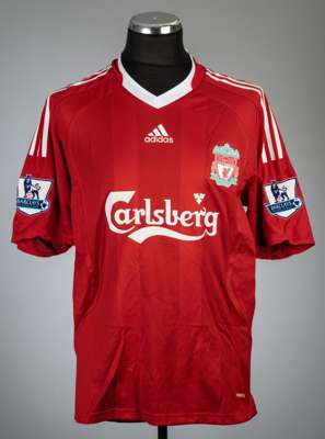 Steven Gerrard red Liverpool no.8 home jersey, season 2009-10, 
 Adidas, short-sleeved with BARCLAYS PREMIER LEAGUE sleeve badges, club crest and spon