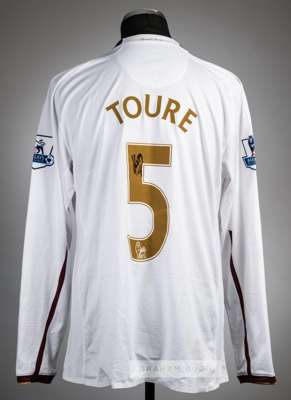 Kolo Toure signed white Arsenal no.5 jersey v Manchester United, played at Old Trafford, 16th February 2008,
 Nike, long-sleeved with BARCLAYS PREMIER