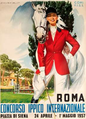 Large Italian poster for the international equestrian competition the ''Piazza di Siena'' held in Rome in 1957, signed in the plate Holzed, colour lit