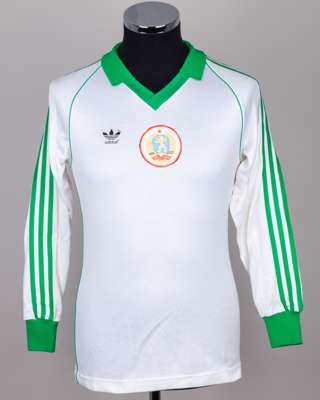 Green and white No.17 Bulgaria v. Wales long-sleeved shirt, 1983