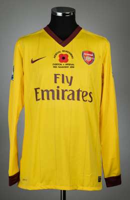 Alex Song yellow & claret Arsenal no.17 Poppy jersey, v Everton, played at Goodison Park, 14th November 2010,
 match issue, Nike, long-sleeved with BA
