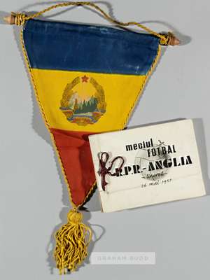 A pennant and souvenir photograph album relating to the England U-23 intermediate international match v Romania in Bucharest, 26th May 1957 originally