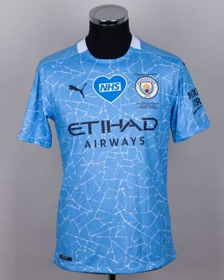 Fernandinho sky-blue and white No.25 Manchester City match issued short-sleeved shirt, 2021