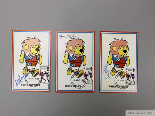 England World Cup 1966 three signed World Cup Willie FDC's, 
 official issue of Football Association, signed by Bobby Moore, Alf Ramsey, Alan Ball, ea