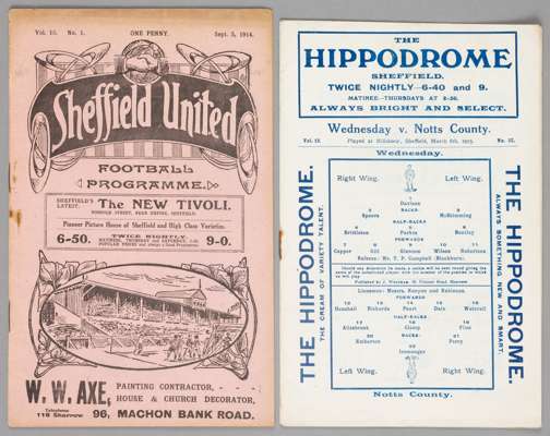 Two programmes for The [Sheffield] Wednesday in season 1914-15,
 F.L. Division One fixtures, away at Sheffield United 5th September and home v Notts C