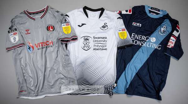 Three EFL players' jerseys,
 comprising George Byers signed white and black Swansea City no.28 home jersey, season 2020-21, short-sleeved with SYBET S