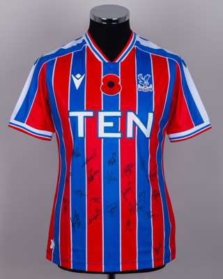Red and blue Crystal Palace v. Sheffield United match issued, squad signed shirt, 2025