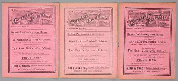 Three Fulham home programmes season 1910-11,
 F.L. Division Two fixtures v Huddersfield Town 26th December, WBA 7th January and Barnsley 18th March, (