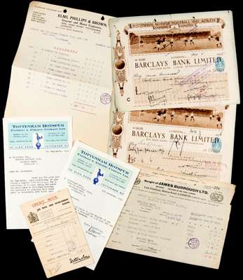 A group of eight Tottenham Hotspur FC banker's cheques dating from 1925, sold together with a small file of suppliers' invoices and other club adminis