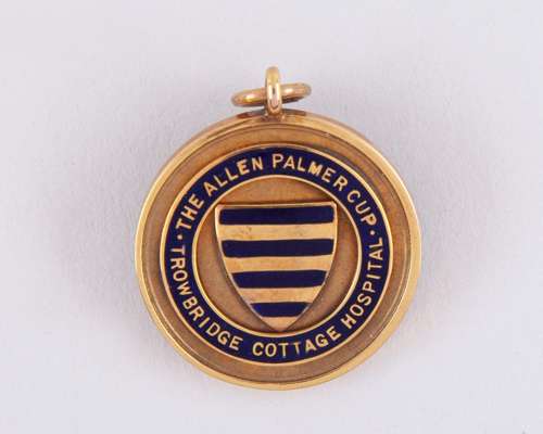 Jack Rowley 9ct gold and enamel Trowbridge Cottage Hospital medal, 1936-37