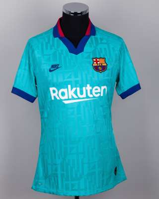 Lionel Messi teal green No.10 Barcelona Champions League short-sleeved shirt, 2019-20