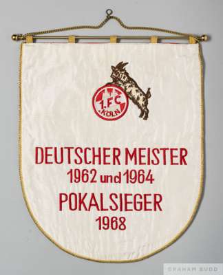 Official white and red FC Koln friendly match pennant, 1971
 shield-shaped design inscribed DEUTSCHER MEISTER 1962 und 1964 POKALSIEGER 1968, hanging 