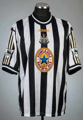 Alan Shearer black and white striped Newcastle United no.9 home jersey, season 1997-98,
 Adidas, short-sleeved with THE FA PREMIER LEAGUE sleeve badge