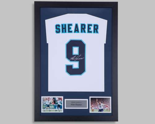 Alan Shearer autographed white No.9 England replica shirt display