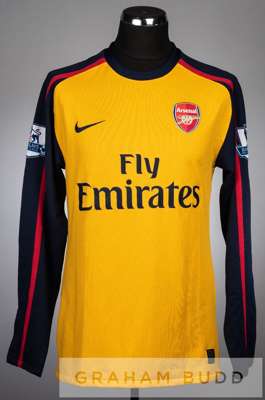 Denilson yellow and navy Arsenal no.15 away jersey in the Premier League, season 2008-09,
 long-sleeved with BARCLAYS PREMIER LEAGUE sleeve badges, cl