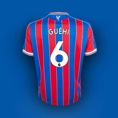 Marc Guéhi red and blue No.6 Crystal Palace v. Manchester United match issued shirt