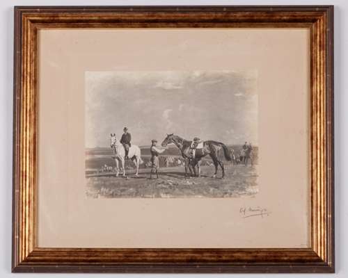 Sir Alfred Munnings (British, 1878-1959) signed print of the racehorse Saucy Sue at Manton