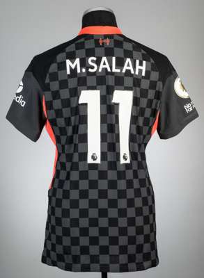 Mohamed Salah grey and black Liverpool no.11 third choice jersey, season 2020-21,
 Nike, short-sleeved with PREMIER LEAGUE CHAMPIONS 2019-20 and NO RO