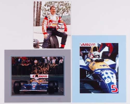 Two Nigel Mansell Williams Renault Mounted Prints & one Indy Car Print