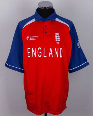Andrew Strauss red, blue and white No.14 ICC Trophy short-sleeved shirt, 2004