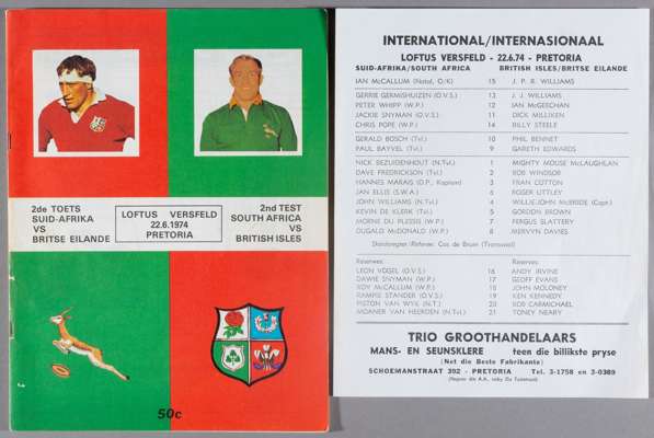 BRITISH LIONS IN SOUTH AFRICA 1974 2ND TEST LOFTUS VERSFELD ORIGINAL PROGRAMME AND INSERT  

In 1974 the British Lions toured South Africa, with match