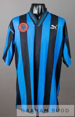 Blue and black stripped Club Brugge K.V. UEFA Champions League no.2 jersey, season 1992-93,
 by Puma, short-sleeved with UEFA CHAMPIONS LEAGUE 92-93 s