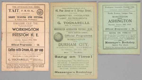 Three Workington programmes,  

v Ashington 19th January 1927 (North Eastern League Cup), Durham City 25th December 1928 (North Eastern League) and Pr