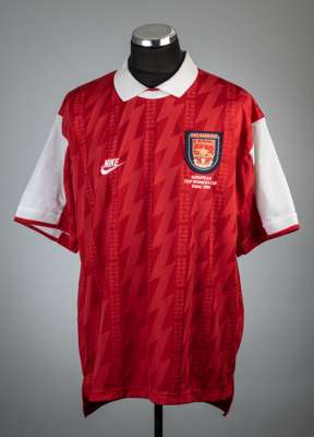 Ian Wright red Arsenal UEFA European Cup Winners' Cup Final No.8 jersey v Zaragoza, played at Parc des Princes Paris, 10th May 1995,
 Nike, short-slee