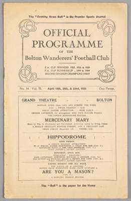 Bolton Wanderers home programme for Easter 1935 including a reserves match v Manchester United,
 a combined issue for 19th, 20th & 22nd April covering