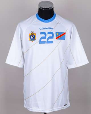 Congo DR - Chancel Mbemba white and blue No.22 Congo match worn short-sleeved shirt, 2015-16