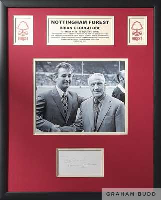 Brian Clough Nottingham Forest ex manager signed & framed display, 
 featuring a signed book page mounted below an image of Clough shaking Bill Shankl