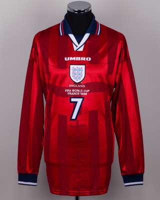 David Beckham red white No.7 England 1998 World Cup match issued long-sleeved shirt, 1998