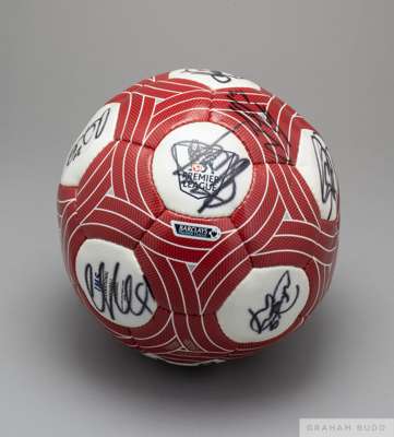 Signed red and white Barclays Premier League football, 
 Nike IMS International standard signed in black marker pen on all white panels with some on t