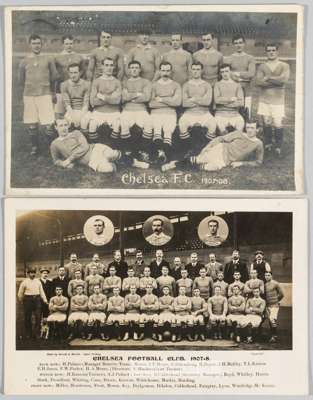 Two b&w Chelsea FC team-group postcards from the club's first season in Football League Division One, 1907-08,
 the first featuring the 16 man squad i