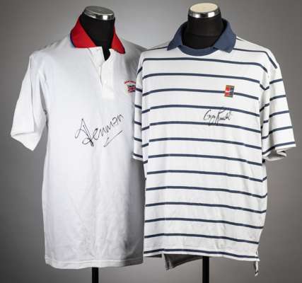 Tim Henman and Greg Rusedski signed tennis polo shirts,
 the first a white and red Great Britain embroidered polo shirts, signed in black marker pen b