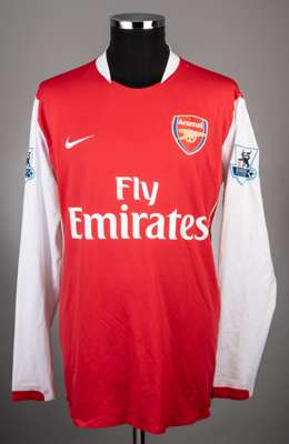 Emmanuel Adebayor red and white No.25 Arsenal long-sleeved jersey, 2006-08, 
 Nike, XL, with crew-neck collar and embroidered cloth badge inscribed Ar