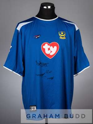 Yakubu signed blue and white Portsmouth no.20 home jersey, season 2003-04,
 short-sleeved with BARCLAYSCARD PREMIERSHIP sleeve badges, club crest and 