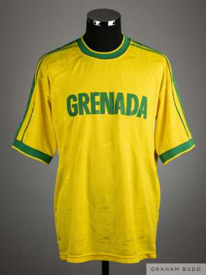 Jason Roberts yellow and green No.19 Grenada international short-sleeved shirt
 with crew-neck collar, the front with GRENADA decal