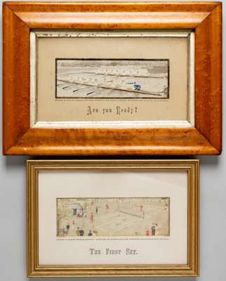 Two sporting stevengraphs, for tennis and Oxford v Cambridge rowing, circa late 19th century,
 comprising "The First Set" featuring a tennis match, wo