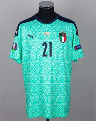 Gianluigi Donnarumma green and blue No.21 Italy match issued goalkeepers shirt, 2021