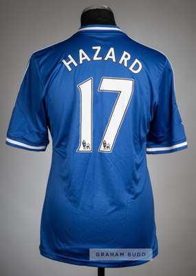 Eden Hazard blue Chelsea no.17 home jersey, season 2013-14,
 Adidas, short-sleeved with BARCLAYS PREMIER LEAGUE sleeve badges, club crest and sponsor 