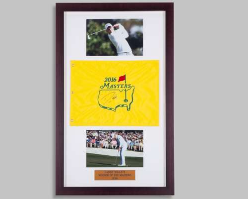 Danny Willett autographed yellow 2016 PGA Masters Tournament pin flag display