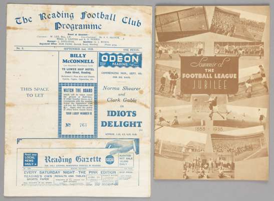 Two Reading programmes,
 the Football League Jubilee Match v Aldershot 20th August 1938 and Reading's last Football League fixture (Div Three South) b
