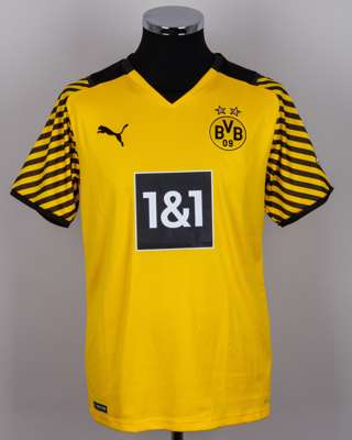A yellow and black Erling Haaland autographed replica Borussia Dortmund shirt